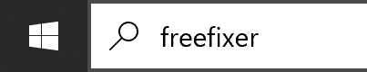 The image illustrates how to start FreeFixer on a Windows 10 machine by searching for 'freefixer' in the search box.